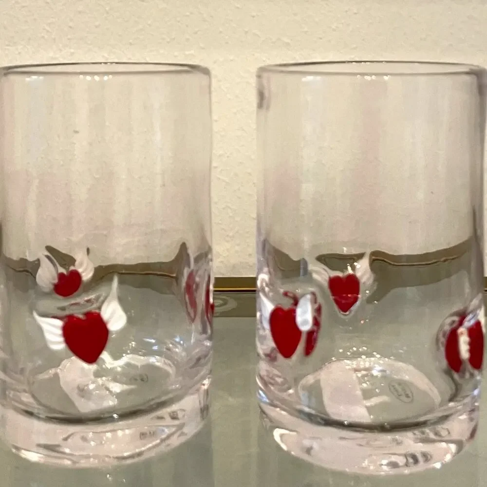 Icon Winged Heart Inlay Drinking Glasses 5in Set of 2 Red White Valentine NEW